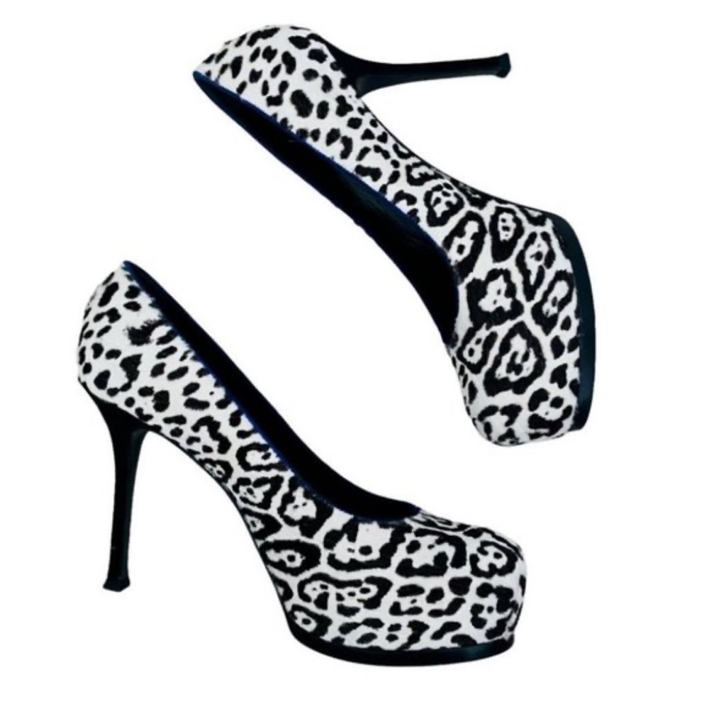 YSL TRIBTOO PUMP BLACK/ WHITE LEOPARD PONY HAIR